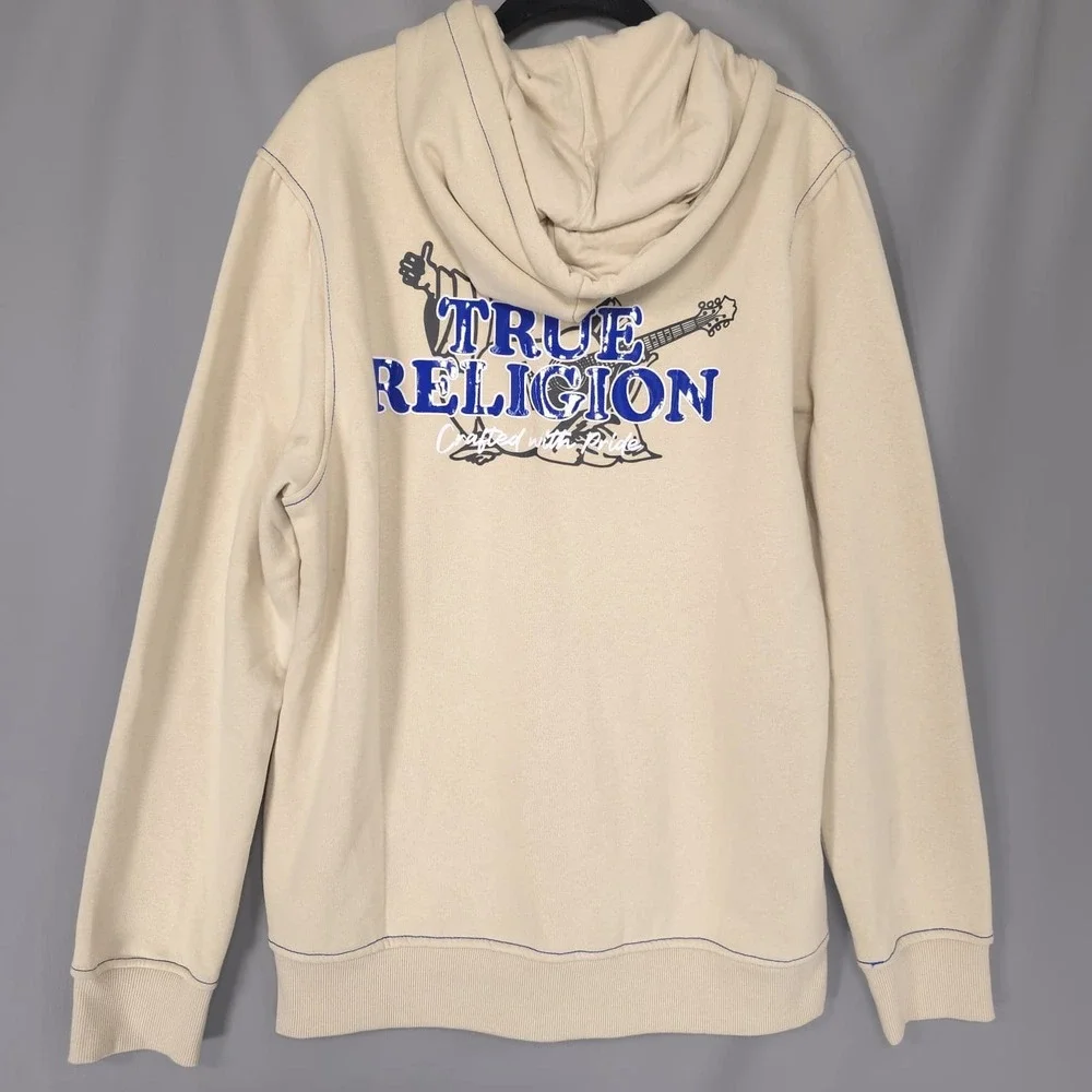 TRUE RELIGION Men's New MEDIUM Full Zip Hoodie Fog Beige Buddha Guitar 701400
